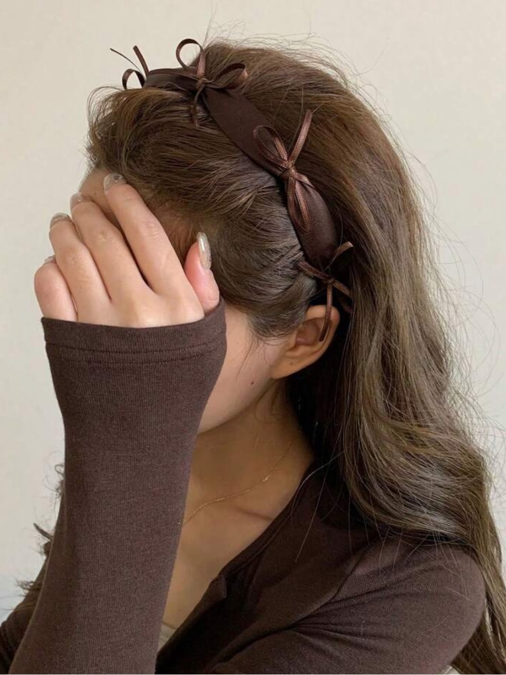 1pc Brown Tone Thin Ribbon Bow Headband, Elegant French Style Hair Accessory,